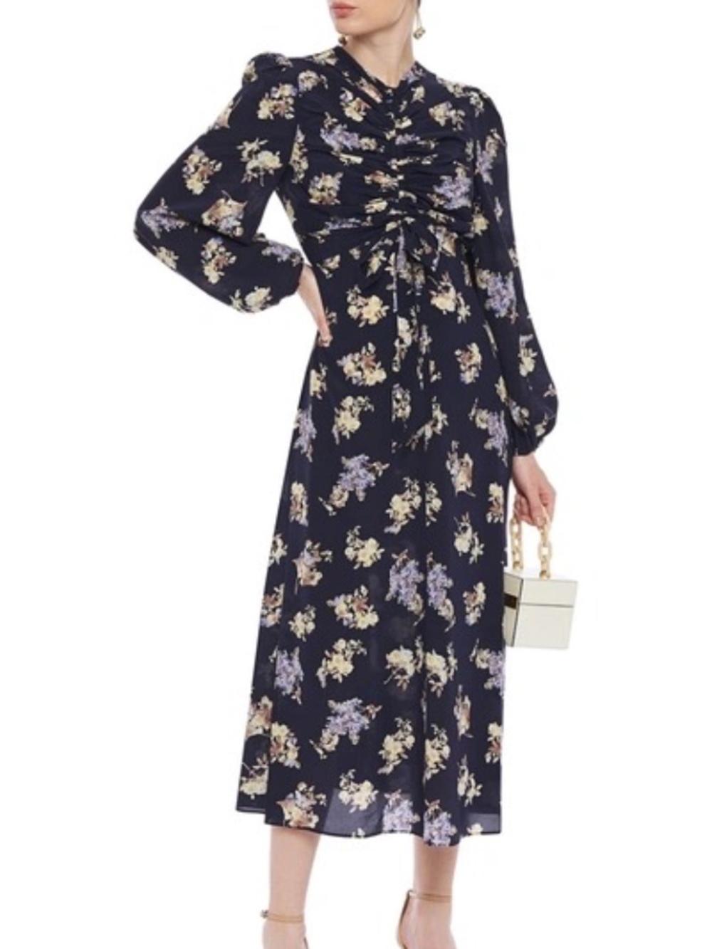 Zimmermann Sabotage Navy Floral Ruched Stretch-Silk Midi Dress